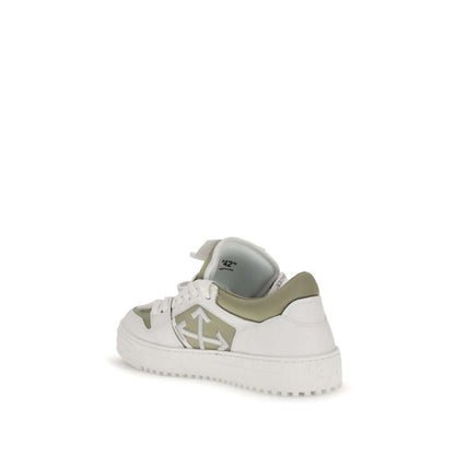 Off-White White Leather Low Top Sneakers with side logo label and removable tag, featuring rubber sole and contrasting inserts.