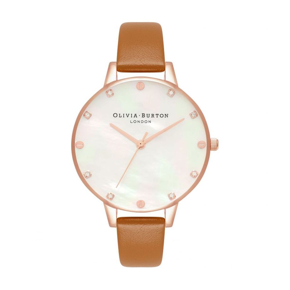 Olivia Burton Brown Artificial Leather Dress Watch with pink stainless steel case, white dial, brown synthetic leather band, and quartz movement.
