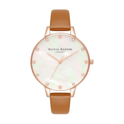Olivia Burton Brown Artificial Leather Dress Watch with pink stainless steel case, white dial, brown synthetic leather band, and quartz movement.