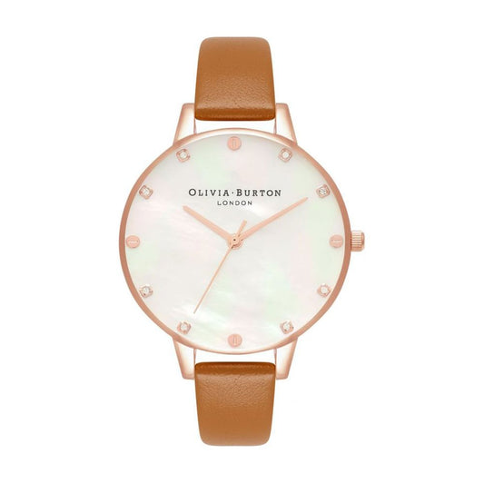 Olivia Burton Brown Artificial Leather Dress Watch with pink stainless steel case, white dial, brown synthetic leather band, and quartz movement.