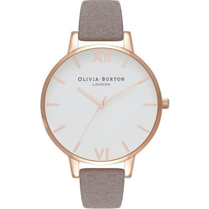 Olivia Burton Gray Artificial Leather Dress Watch with pink stainless steel case, white dial, grey synthetic leather strap, quartz movement.