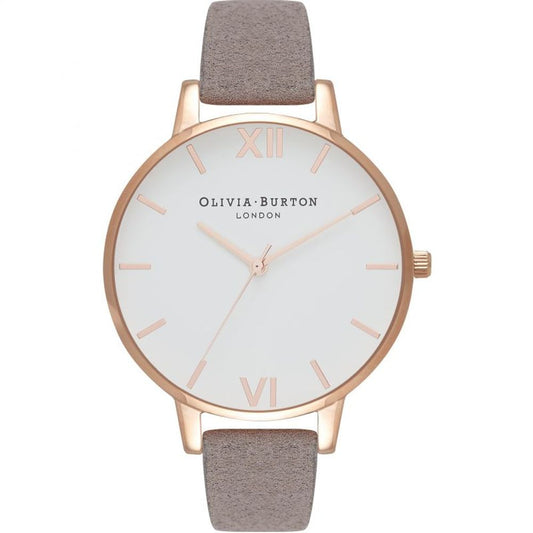 Olivia Burton Gray Artificial Leather Dress Watch with pink stainless steel case, white dial, grey synthetic leather strap, quartz movement.