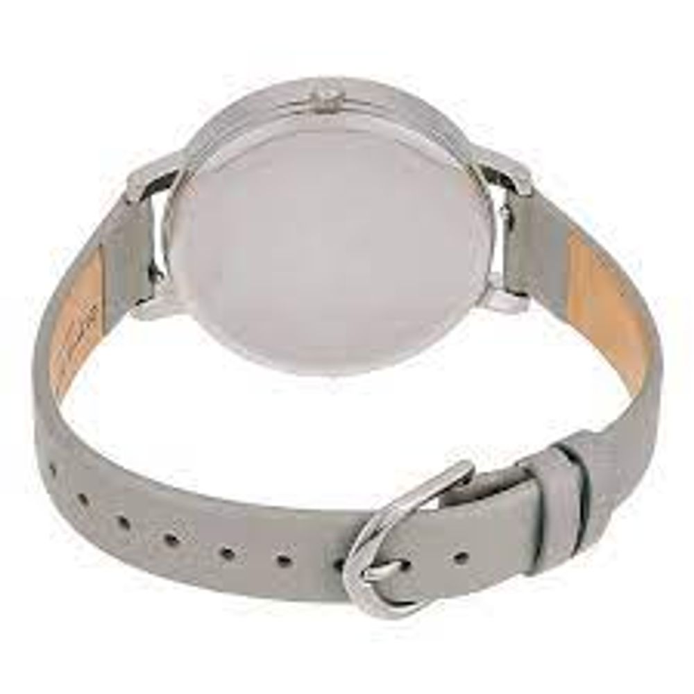 Back view of Olivia Burton Gray Leather Dress Watch with silver steel case and mineral glass, featuring a grey leather strap and buckle closure.
