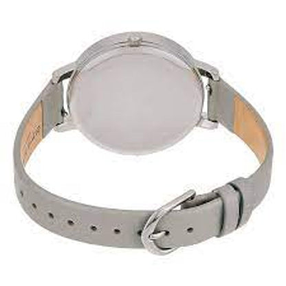 Back view of Olivia Burton Gray Leather Dress Watch with silver steel case and mineral glass, featuring a grey leather strap and buckle closure.