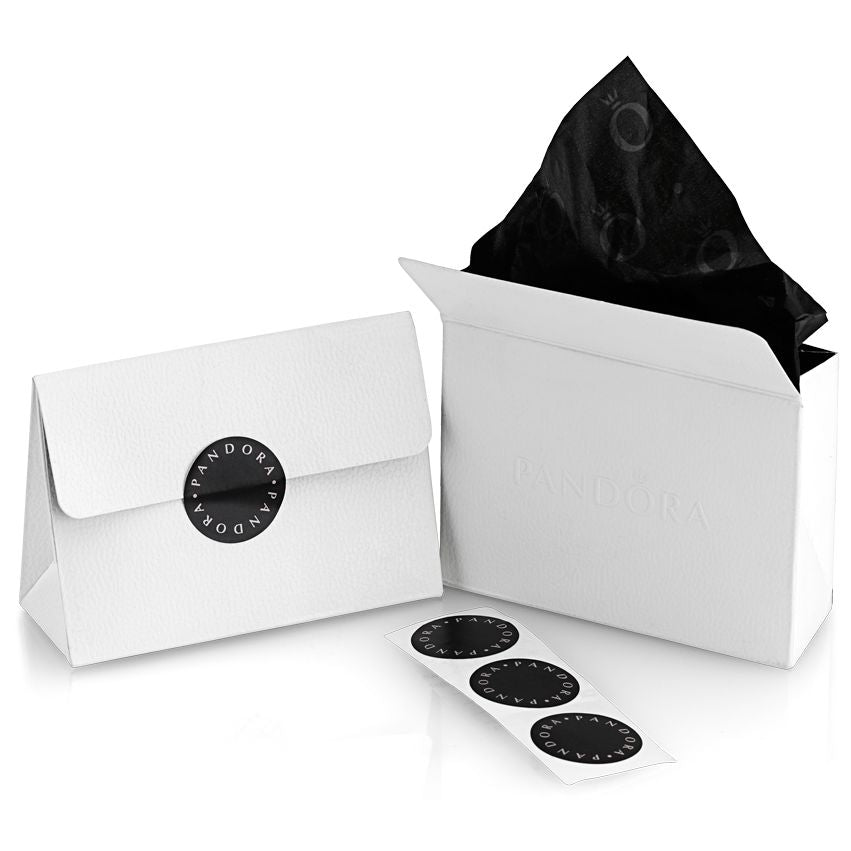 Gift packaging for PANDORA Mod. 793817C01 with white boxes and black logo stickers.