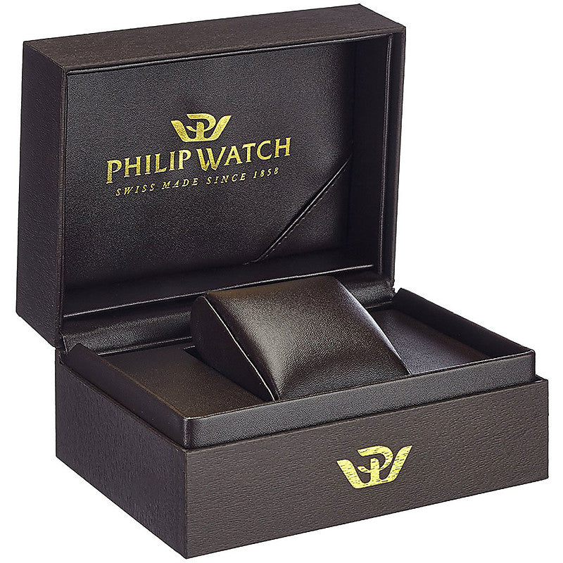 Open box of PHILIP WATCH Mod. R8223597119 showcasing luxury watch packaging and brand logo.