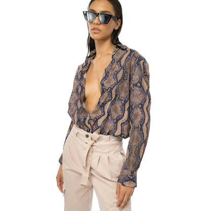 Model wearing PINKO Multicolor Viscose Shirt with snake print, button closure, and classic collar, paired with sunglasses and high-waisted pants.