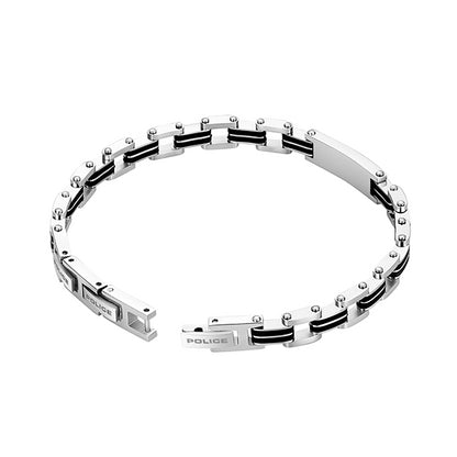 Alt Tag: POLICE JEWELS JEWELRY Mod. PEAGB0008701 silver bracelet with black detailing on a white background