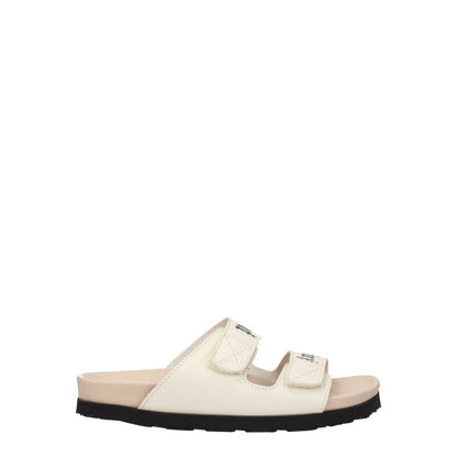 Palm Angels Beige Leather Flat Sandals with open toe, strap closure, rubber sole, and front logo, stylish and casual footwear.