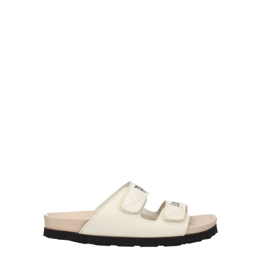 Palm Angels Beige Leather Flat Sandals with strap closure and front logo, featuring rubber sole and open toe design for casual style.