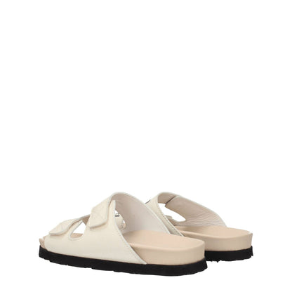 Palm Angels Beige Leather Flat Sandals with strap closure, open toe, and rubber sole, showcasing casual style and front logo.