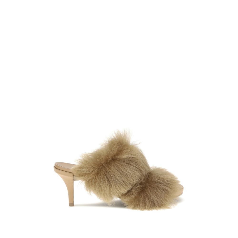 Pedro García Beige Leather Stiletto Heel Sandals with fur trim and open toe, luxurious styling for an elegant and bold fashion statement.