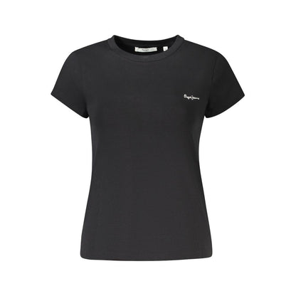 Alt Tag: Pepe Jeans Black Cotton Women T-Shirt with logo embroidery, sustainable fashion, front view