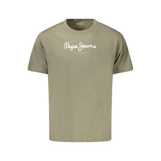 Pepe Jeans Green Cotton Men T-Shirt featuring a crew neck and short sleeves, made from 100% sustainable cotton with Pepe Jeans logo.