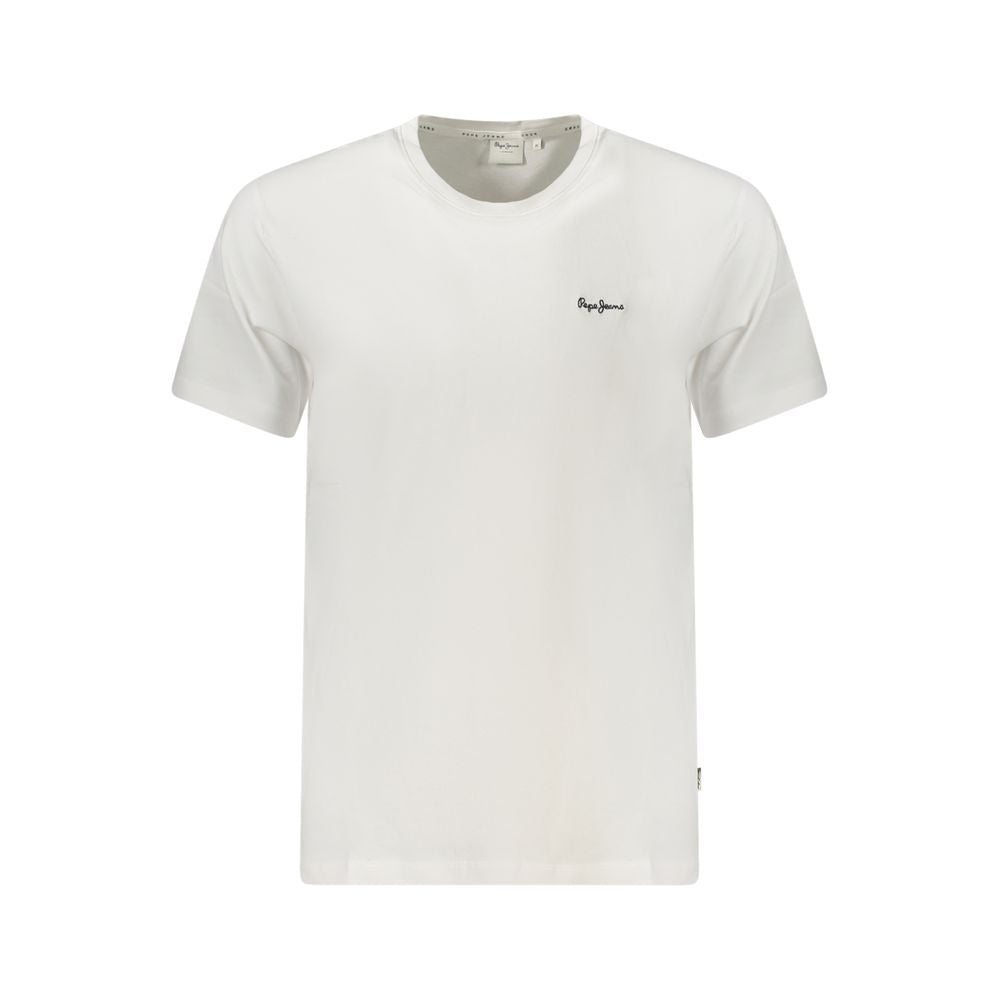 Pepe Jeans White Cotton Men T-Shirt, sustainable crew-neck with embroidery and logo, perfect for casual style.