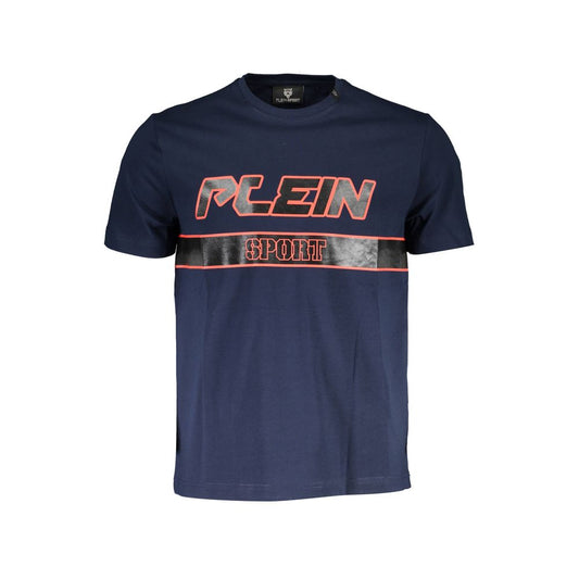 Plein Sport Blue Cotton Men T-Shirt with crew neck and bold logo print, perfect for sporty casual wear and luxury style.