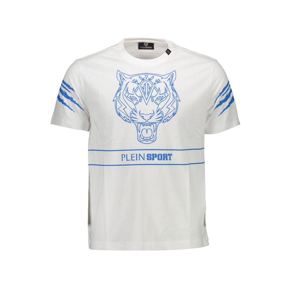 Plein Sport White Cotton Men T-Shirt featuring bold blue tiger graphic and logo, ideal for trendsetters seeking athletic opulence.