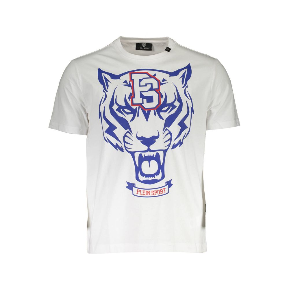 Plein Sport White Cotton Mens TShirt featuring bold tiger print and logo.