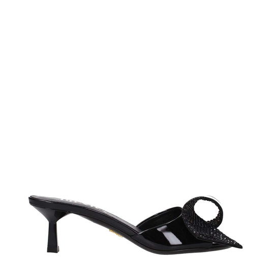 Prada Black Leather Sandals with open toe and mid heels, featuring a unique front detail, crafted from patent leather for a casual style.