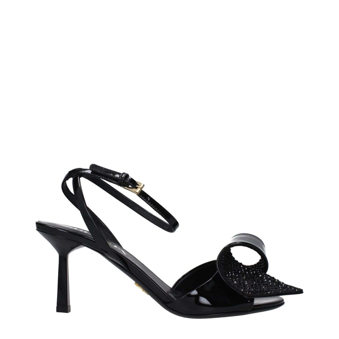 Prada Black Leather Stiletto Heel Sandals with buckle closure, open toe, and leather sole in side view.