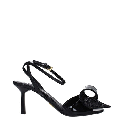 Prada Black Leather Stiletto Heel Sandals with buckle closure, open toe, and leather sole in side view.