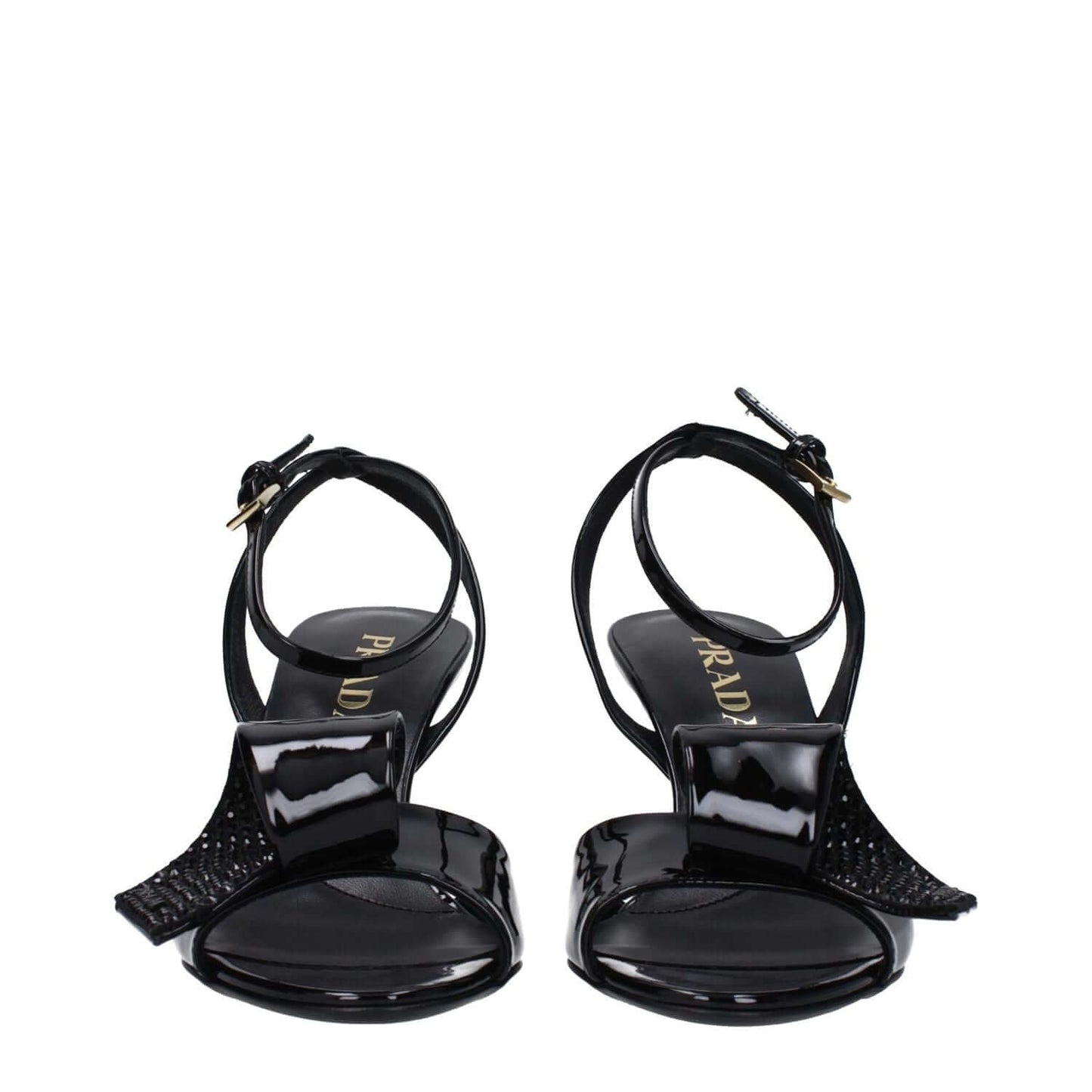 Prada Black Leather Stiletto Heel Sandals with buckle closure and open toe design, mid heels, leather sole, side detail, casual style.