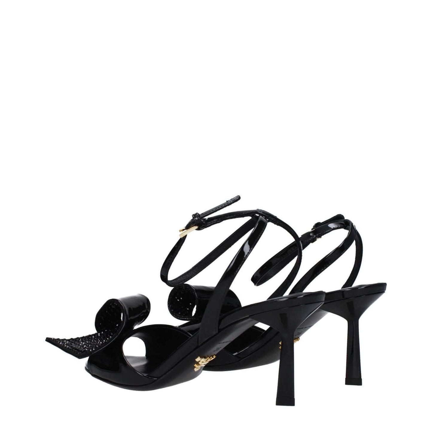 Prada Black Leather Stiletto Heel Sandals with open toe, buckle closure and mid heels, showcasing elegant black patent leather design.