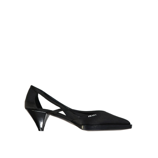 Prada Black Silk Mid Heel Pumps with pointed toe, cut-out detail, and branded insole for women, made in Italy.