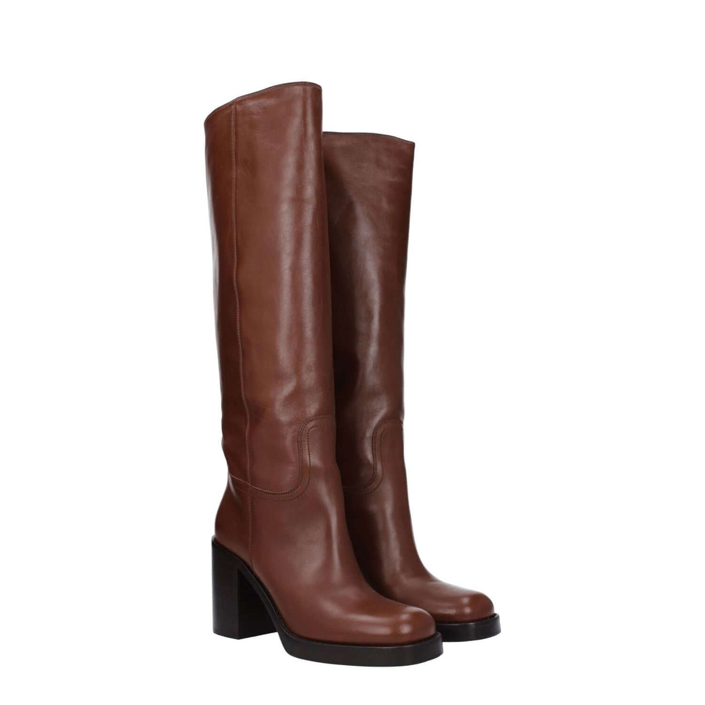 Prada Brown Leather High Heel Boots with 9 cm heel, round toe, casual style, made of leather. Secondary color: Cognac. MPN: 1W281N070090F0046.