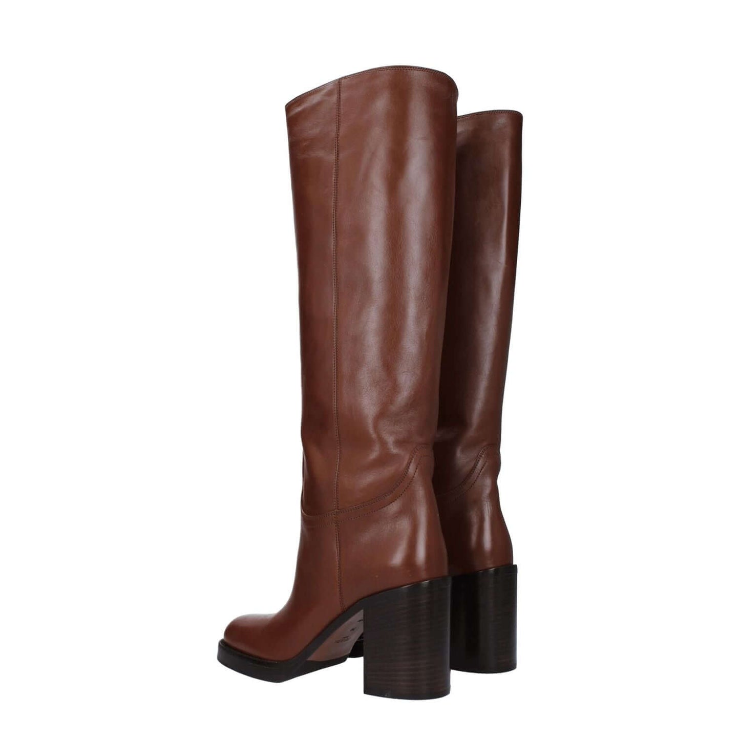 Prada Brown Leather High Heel Boots with a round toe and 9 cm heel, featuring cognac leather for stylish casual wear.