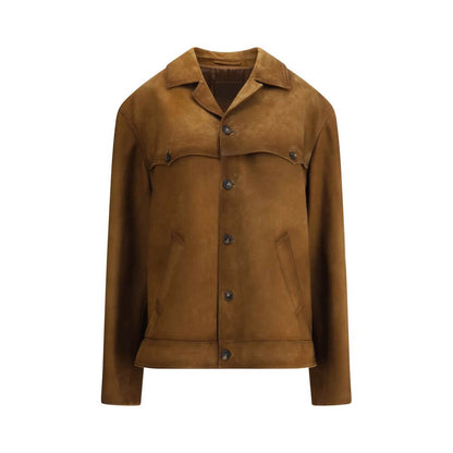 Prada Brown Leather Jacket with classic collar and front button closure, made of 100% calf leather, featuring two welt pockets for a sleek design.