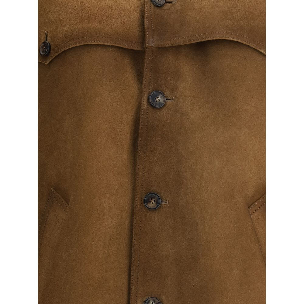 Prada Brown Leather Jacket with suede finish, classic collar, front button closure, and welt pockets for a contemporary elegant look.