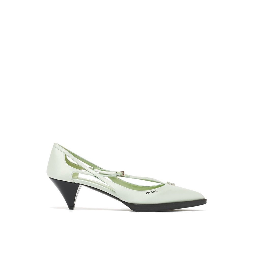 Prada Green Silk Mid Heel Pumps with jeweled ornament, pointed toe, and metal buckle closure on brushed leather-covered heel.