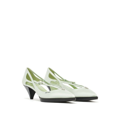 Prada Green Silk Mid Heel Pumps with pointed toe, metal buckle, and jeweled ornament, featuring leather insole and rubber sole.