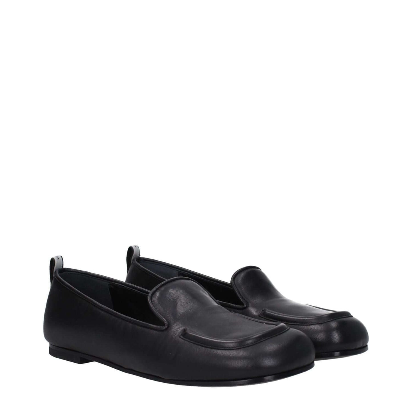 Premiata Black Leather Slip-On Loafers with round toe, flat leather sole, and back logo detail.