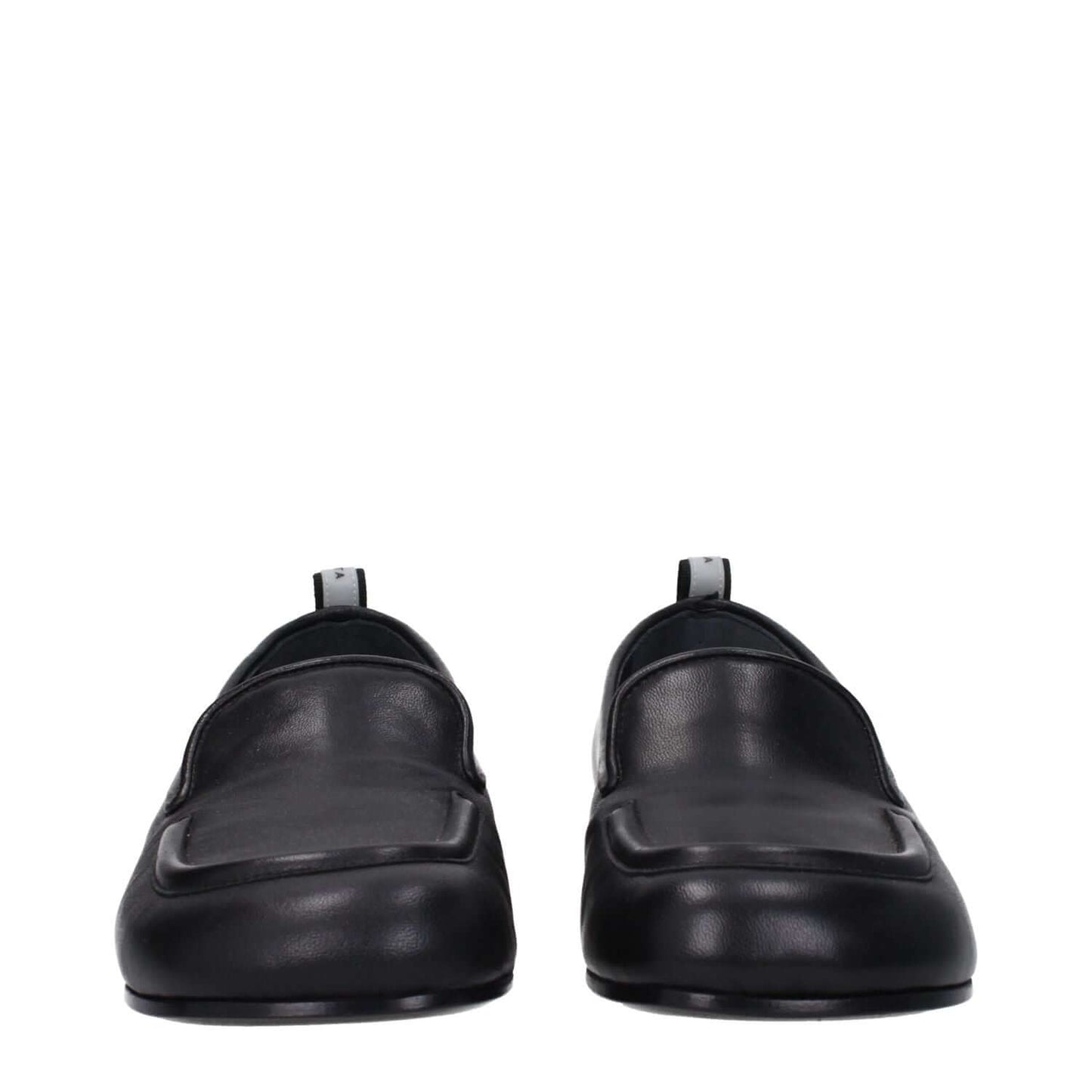 Premiata Black Leather Slip-On Loafers with round toe, low flat heel, and back logo detail.