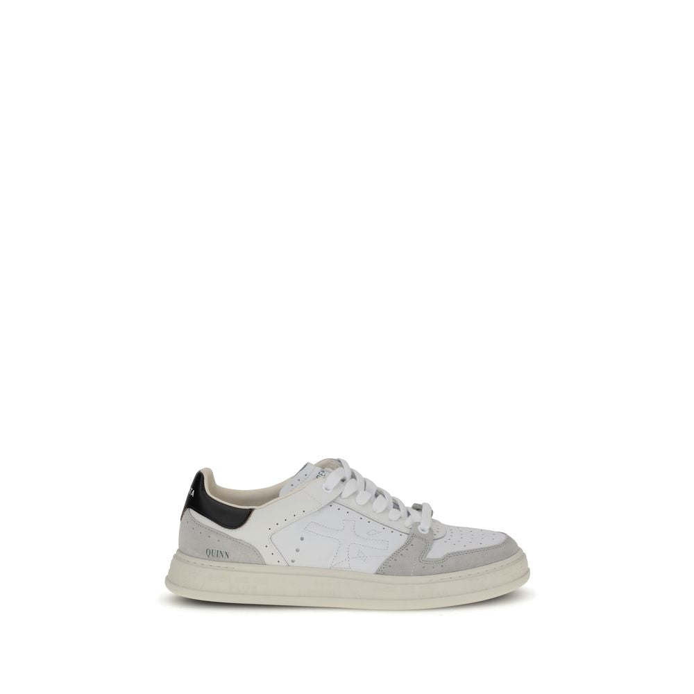 Premiata White Calf Leather Bos Taurus Low Top Sneakers with perforated toe, embossed logo, and rubber sole on display.
