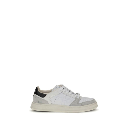 Premiata White Calf Leather Bos Taurus Low Top Sneakers with perforated toe, embossed logo, and rubber sole on display.