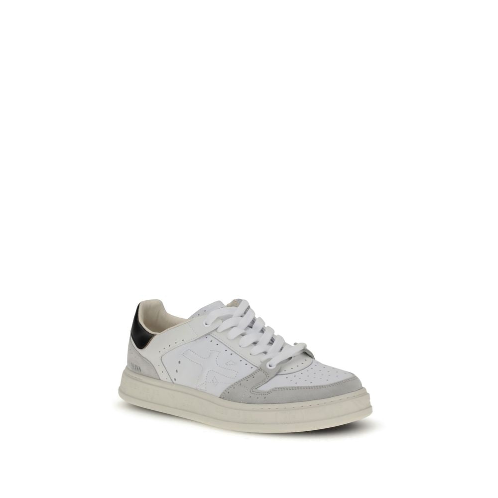 Premiata White Calf Leather Bos Taurus Low Top Sneakers with perforated toe and logo detail on flat rubber sole.