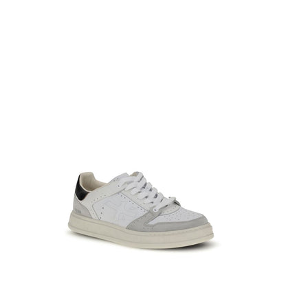 Premiata White Calf Leather Bos Taurus Low Top Sneakers with perforated toe and logo detail on flat rubber sole.