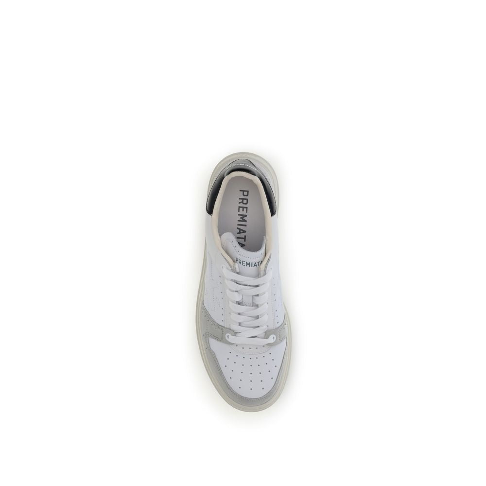 Top view of Premiata White Calf Leather Bos Taurus Low Top Sneakers showing lace-up design and perforated toe.
