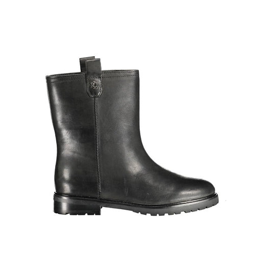 Ralph Lauren Black Leather Women Boot - elegant Evelynn design with logo, versatile style, polyester and leather blend, black color.