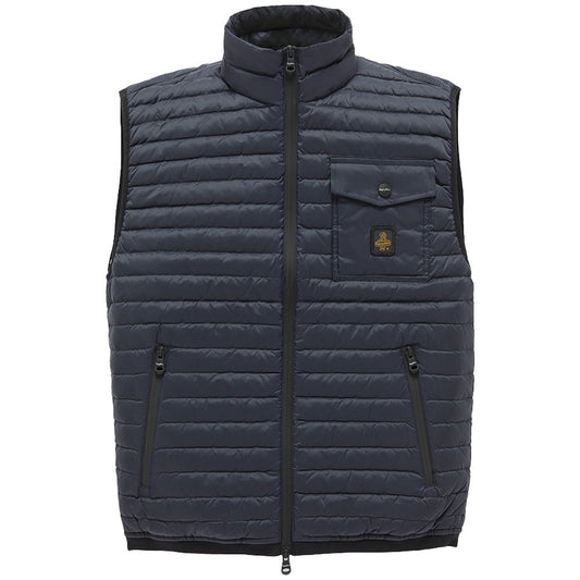 Refrigiwear Blue Nylon Men Vest with Down Padding featuring zip closure and chest logo patch for stylish warmth.