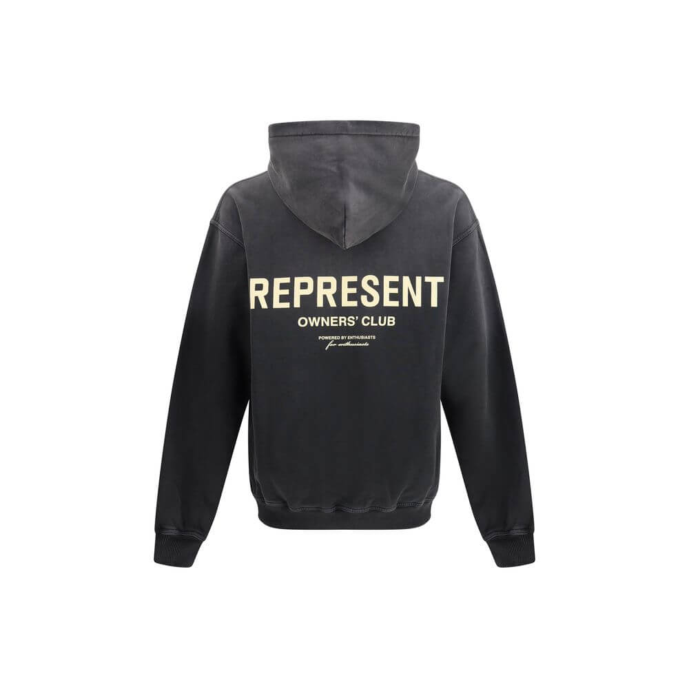 Back view of Represent Black Cotton Sweatshirt with iconic monogram and adjustable button-down hood.