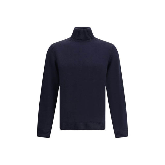 Roberto Collina Blue Merino Wool Turtleneck with ribbed collar and cuffs, regular fit, perfect for smart or casual outfits.