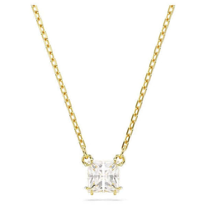 Elegant gold necklace with a sparkling square-cut pendant on a delicate chain.