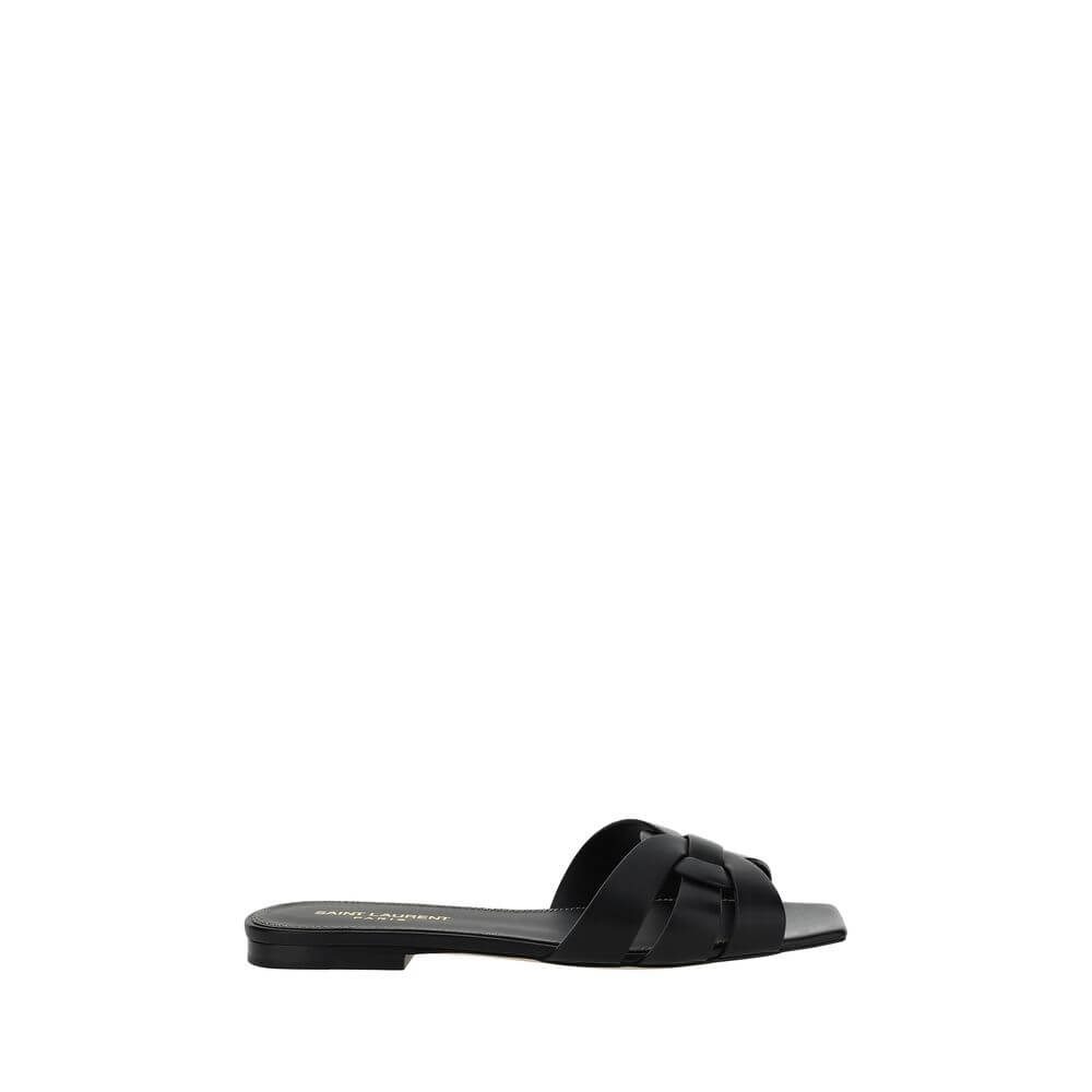 Saint Laurent Black Calf Leather Bos Taurus Flat Sandals with open square toe and braided design, AW25 collection, made in Italy.