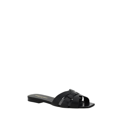 Saint Laurent Black Calf Leather Bos Taurus Sandals with braided front design and slight block heel, perfect for AW25 fashion.