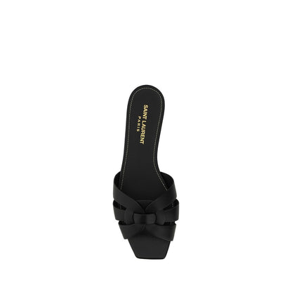 Saint Laurent Black Calf Leather Bos Taurus Sandals with braided design and open square toe, featuring press-studded logo insole.
