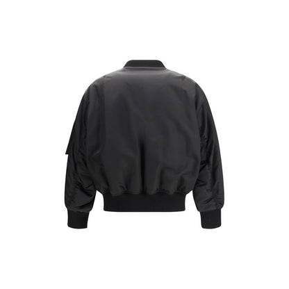 Back view of Saint Laurent Black Polyamide Bomber jacket with ribbed trim and classic baseball collar.